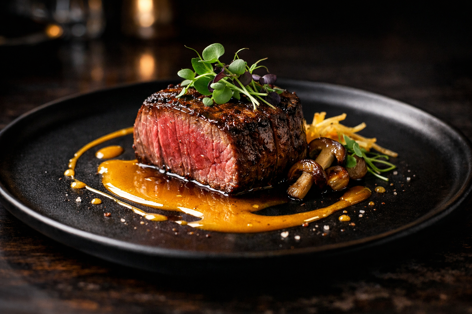 Plato premium de steak en pantalla digital