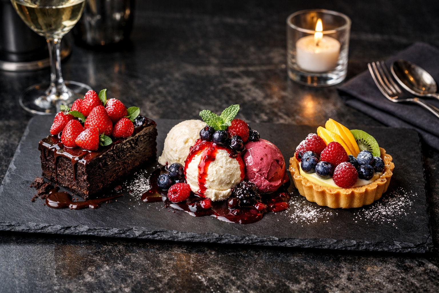 Postres con frutillas y helado en pantalla digital