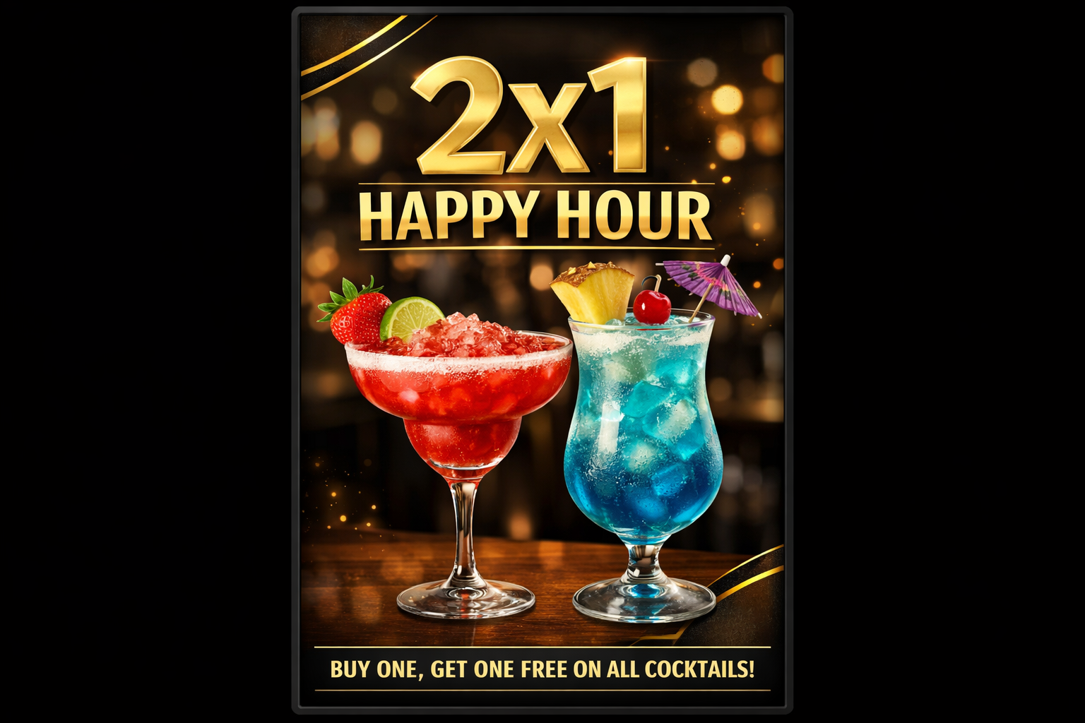 Promoción Happy Hour 2x1 en pantalla digital